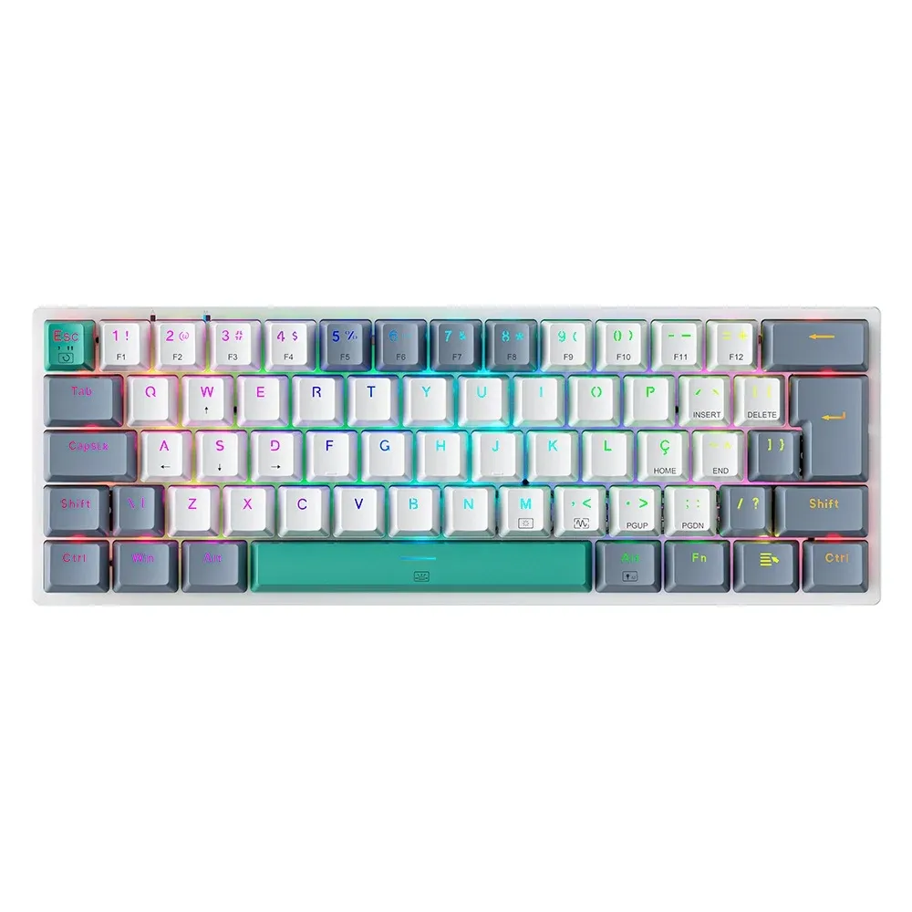 Teclado Mecânico Gamer Machenike K500-B61 MINI Wired, Layout 60% Compacto, Switch Brown, RGB, Hot-Swappable, USB-C, ABNT 2, Branco e Cinza