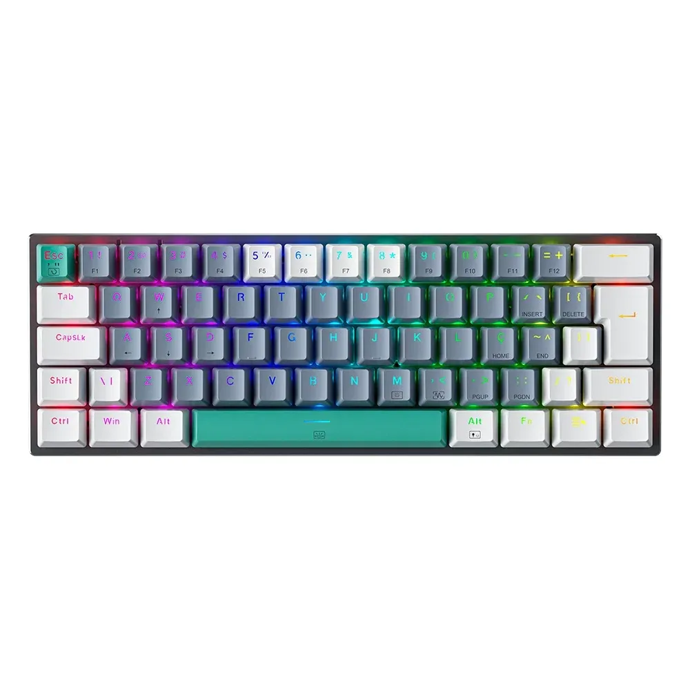 Teclado Mecânico Gamer Machenike K500-B61 MINI Wired, Layout 60% Compacto, Switch Brown, RGB, Hot-Swappable, USB-C, ABNT 2, Cinza e Branco