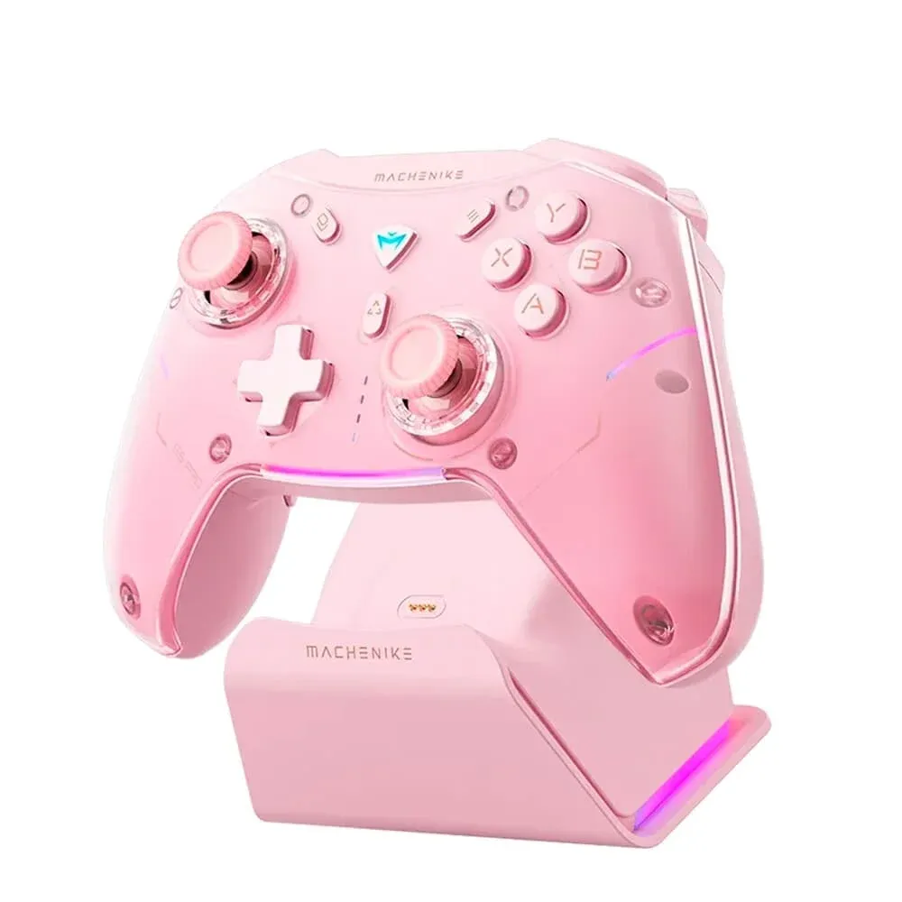 Controle Gamer Machenike G5 Pro Max Rosa com Dock Multiplataforma, Tri-Mode, Hall Effect, Switches Mecânicos, 1000hz, RGB